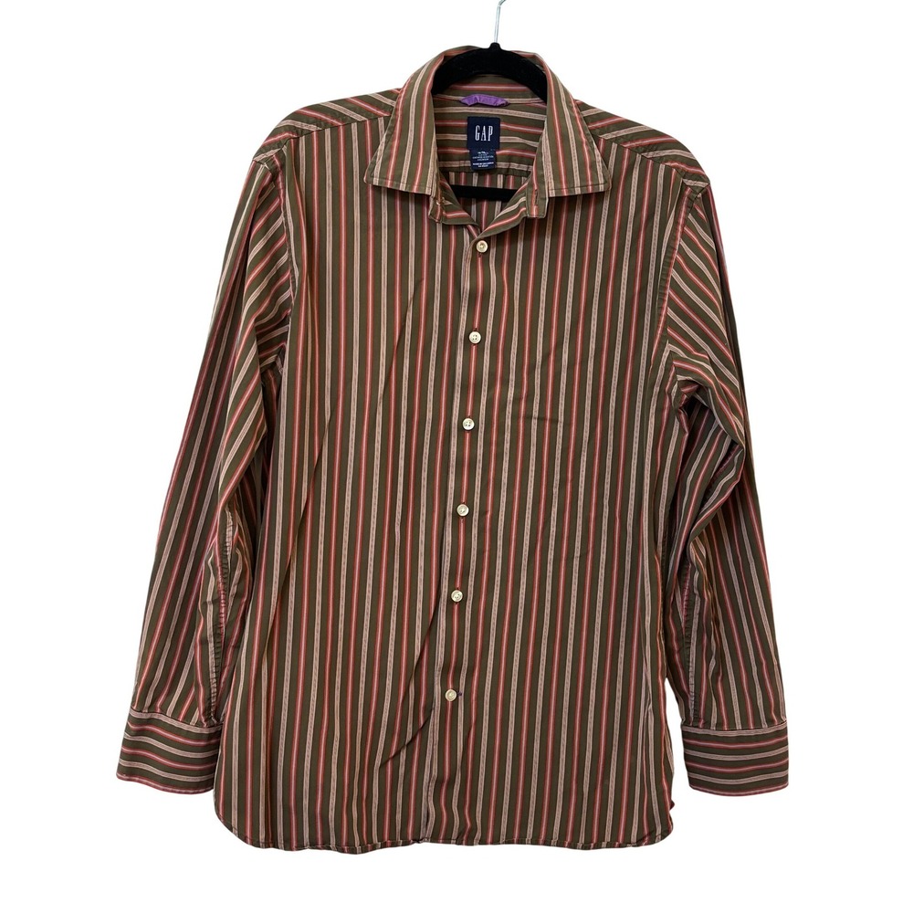 Y2K Gap Mens Premium Fitted Striped Button Down Shirt Olive Orange Blue Size M